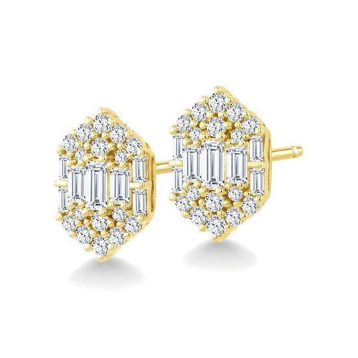 3/4 Ctw Hexagon Fusion Baguette and Round Cut Diamond Fashion Earrings in 14K Yellow Gold