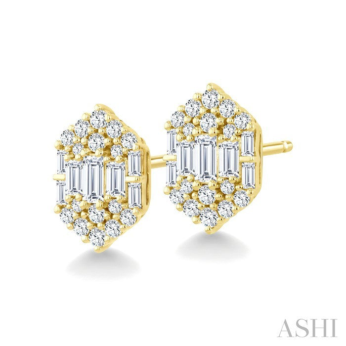 3/4 Ctw Hexagon Fusion Baguette and Round Cut Diamond Fashion Earrings in 14K Yellow Gold