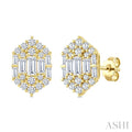 3/4 Ctw Hexagon Fusion Baguette and Round Cut Diamond Fashion Earrings in 14K Yellow Gold