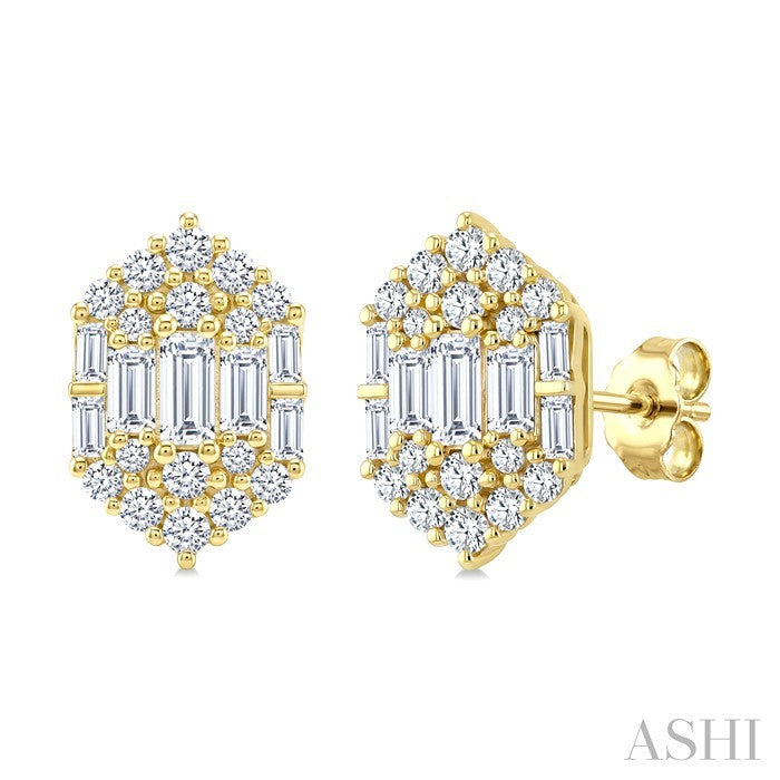 3/4 Ctw Hexagon Fusion Baguette and Round Cut Diamond Fashion Earrings in 14K Yellow Gold
