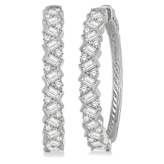 2 Ctw Zigzag Baguette and Round Cut Diamond Hoop Earrings in 14K White Gold