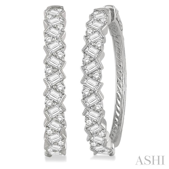 2 Ctw Zigzag Baguette and Round Cut Diamond Hoop Earrings in 14K White Gold