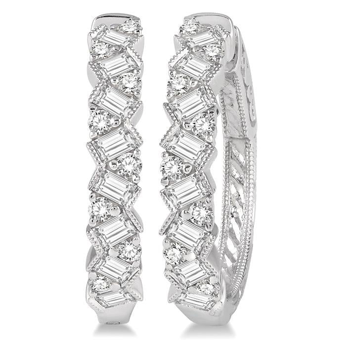 1 Ctw Zigzag Baguette and Round Cut Diamond Hoop Earrings in 14K White Gold