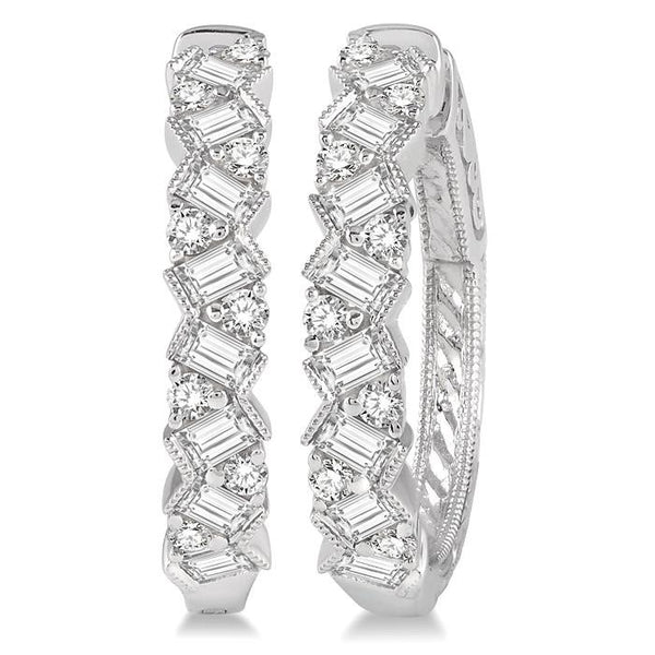 1 Ctw Zigzag Baguette and Round Cut Diamond Hoop Earrings in 14K White Gold