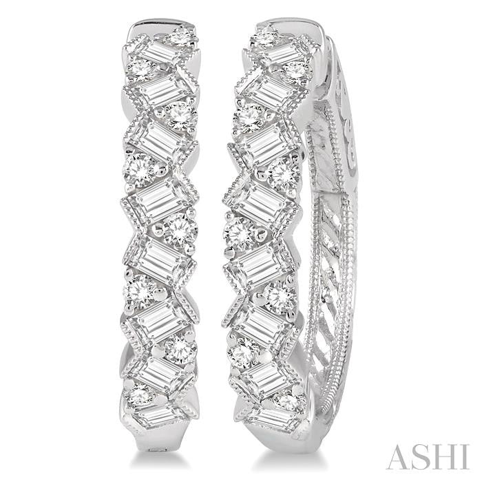 1 Ctw Zigzag Baguette and Round Cut Diamond Hoop Earrings in 14K White Gold