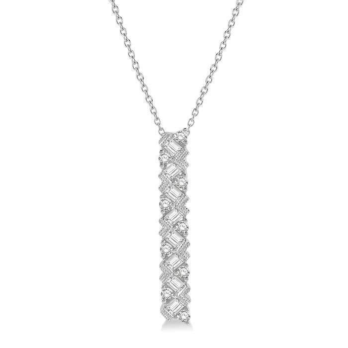 1/2 Ctw Zigzag Baguette and Round Cut Diamond Bar Pendant With Chain in 14K White Gold