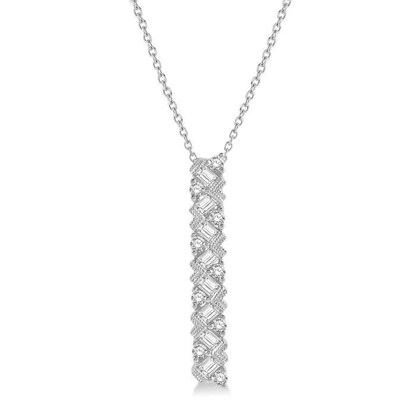 1/2 Ctw Zigzag Baguette and Round Cut Diamond Bar Pendant With Chain in 14K White Gold