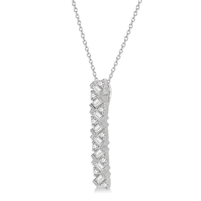 1/2 Ctw Zigzag Baguette and Round Cut Diamond Bar Pendant With Chain in 14K White Gold