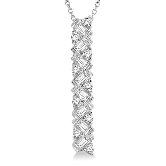 1/2 Ctw Zigzag Baguette and Round Cut Diamond Bar Pendant With Chain in 14K White Gold