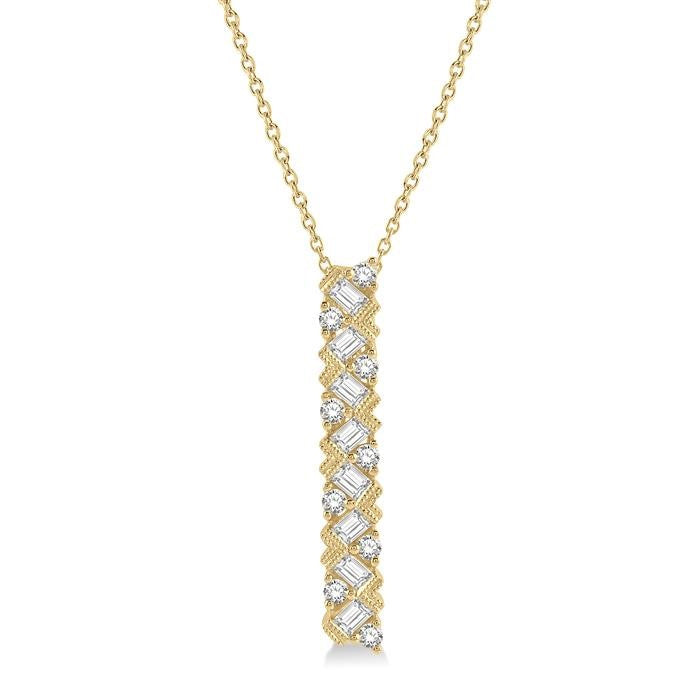 1/2 Ctw Zigzag Baguette and Round Cut Diamond Bar Pendant With Chain in 14K Yellow Gold