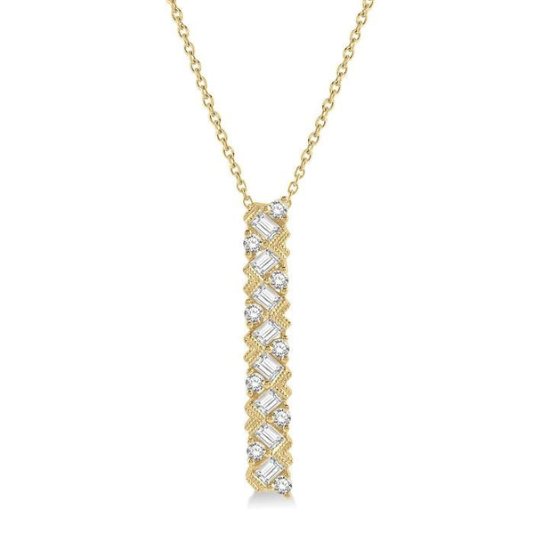 1/2 Ctw Zigzag Baguette and Round Cut Diamond Bar Pendant With Chain in 14K Yellow Gold