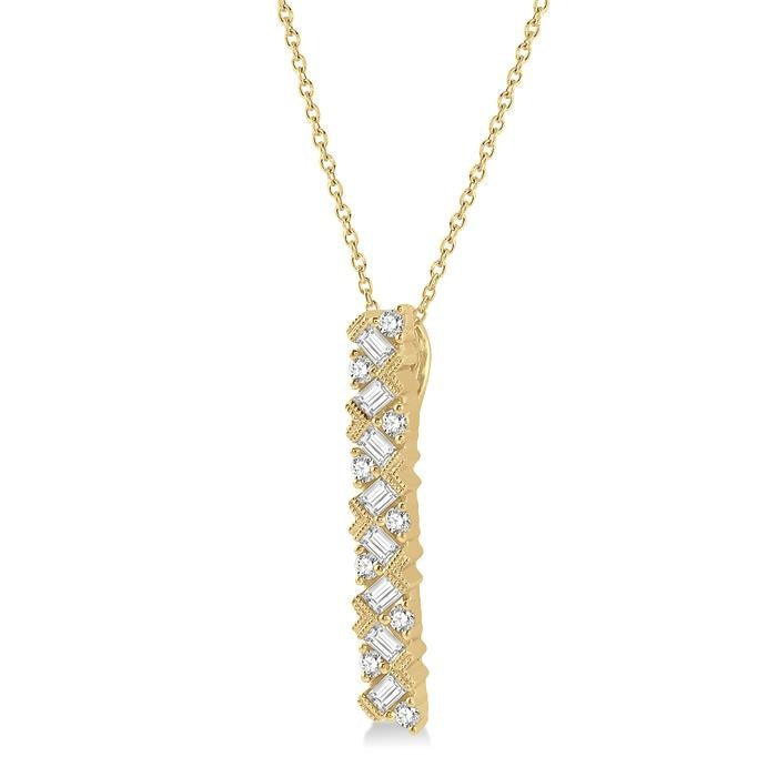 1/2 Ctw Zigzag Baguette and Round Cut Diamond Bar Pendant With Chain in 14K Yellow Gold