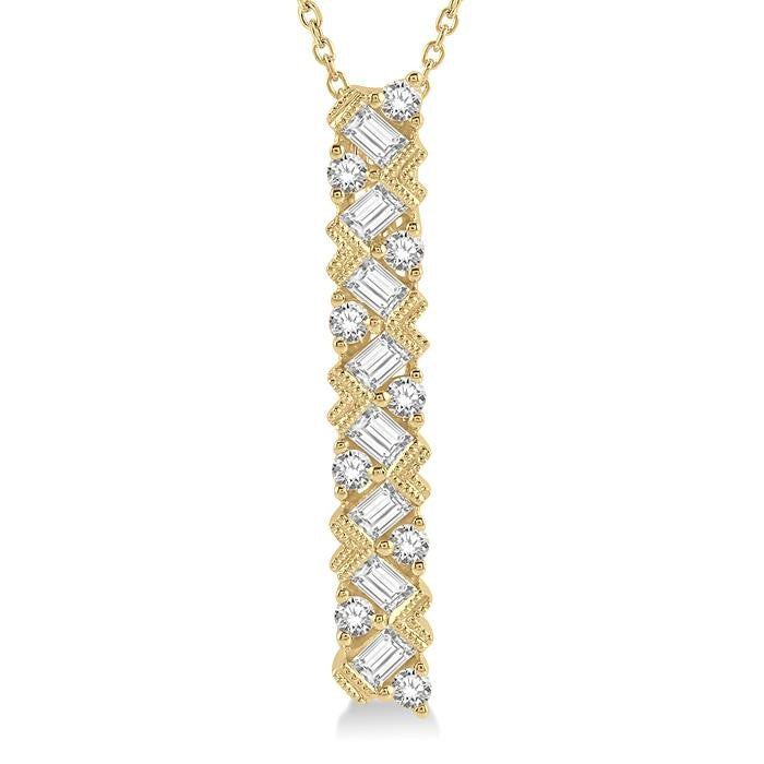 1/2 Ctw Zigzag Baguette and Round Cut Diamond Bar Pendant With Chain in 14K Yellow Gold