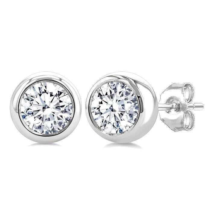 1 Ctw Bezel Set Round Cut Diamond Fashion Stud earrings in 14K White Gold