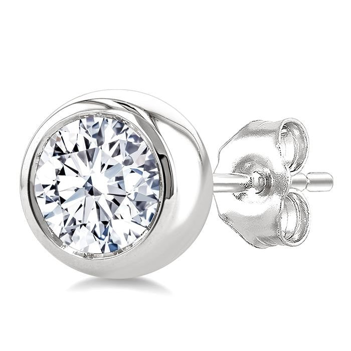 1 Ctw Bezel Set Round Cut Diamond Fashion Stud earrings in 14K White Gold