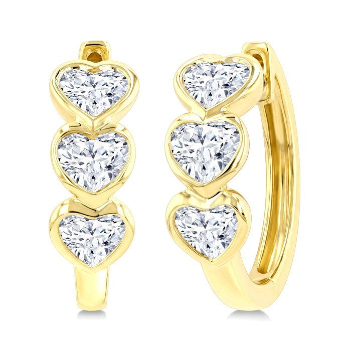 1 1/5 Ctw Bezel Set 6 Stone Heart Cut Diamond Huggie Earrings in 14K Yellow Gold