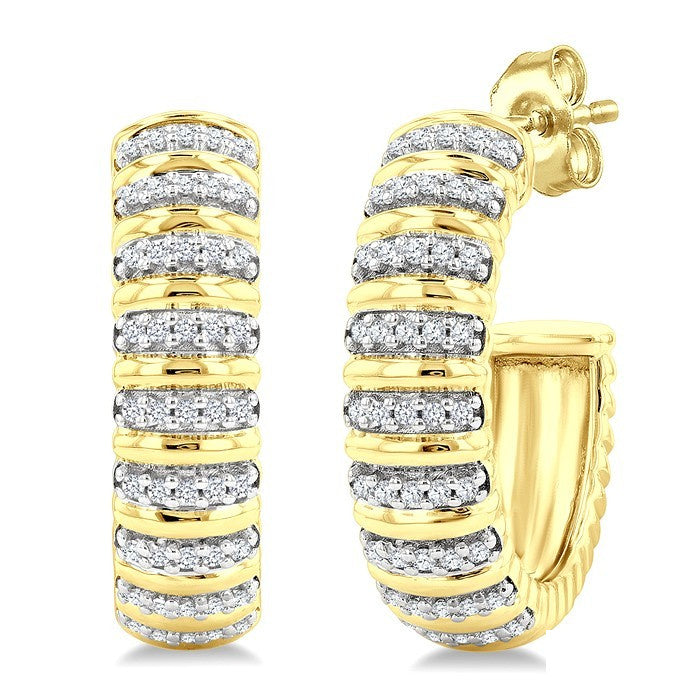 1/4 Ctw Ribbed Round Cut Diamond Pirouette Half Hoop Earrings in 14K Yellow Gold