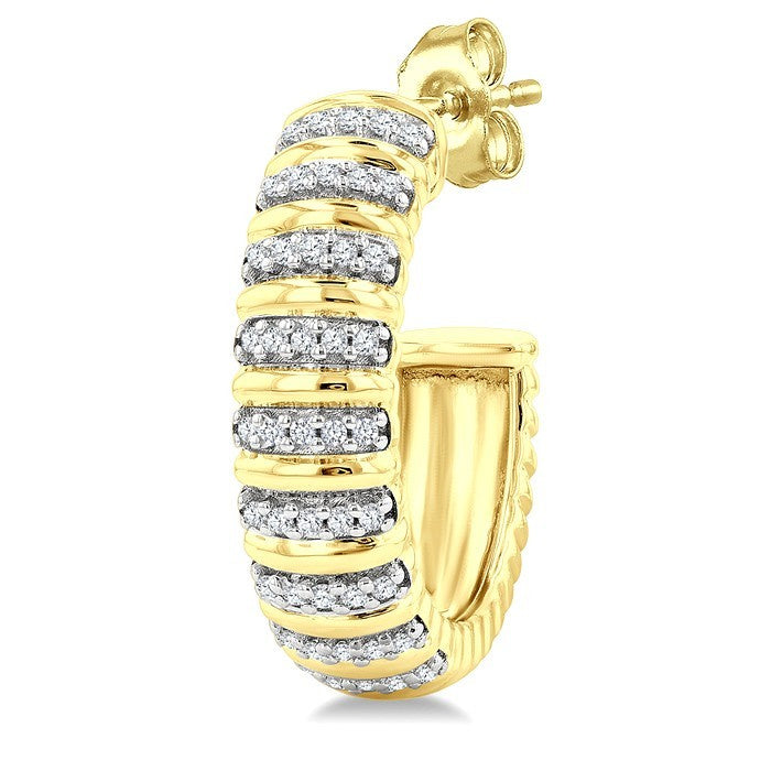 1/4 Ctw Ribbed Round Cut Diamond Pirouette Half Hoop Earrings in 14K Yellow Gold