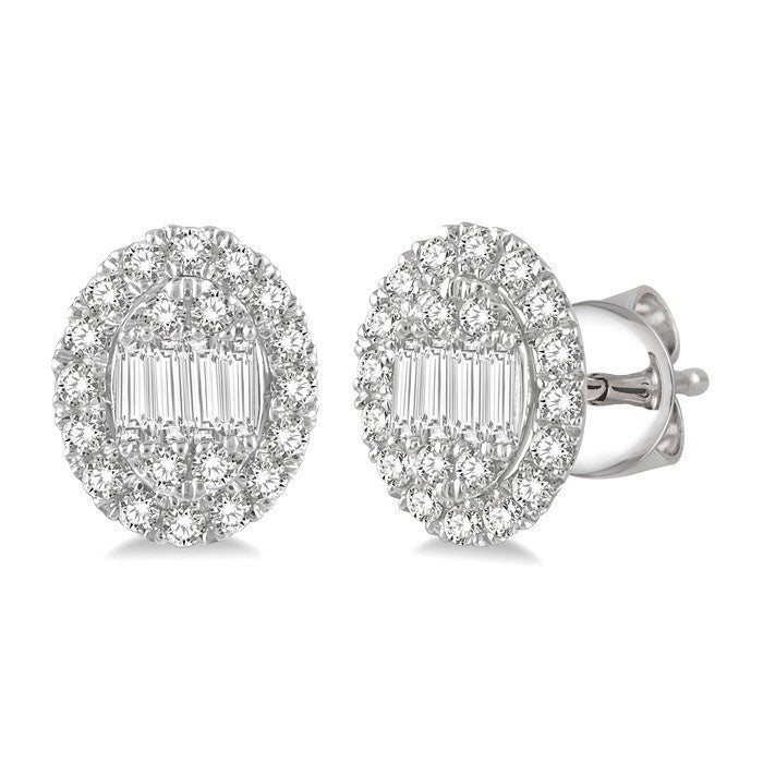 1/2 Ctw Oval Mount Baguette and Round Cut Diamond Earrings in 14K White Gold