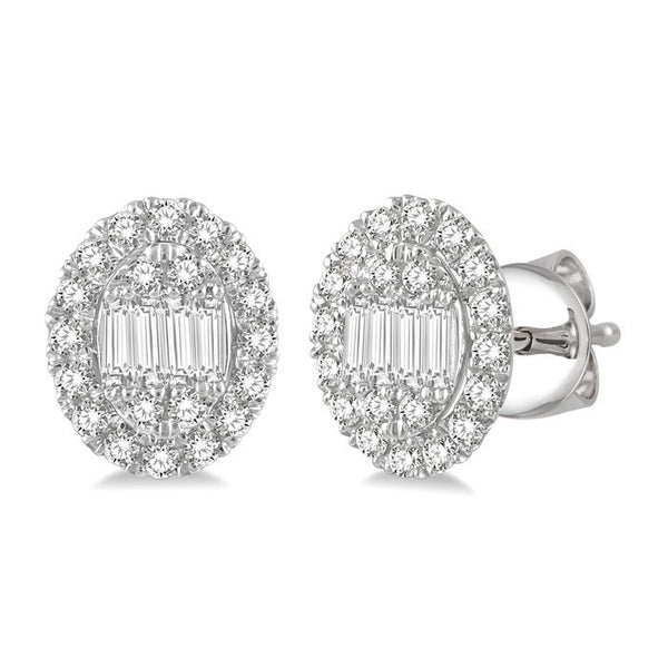 1/2 Ctw Oval Mount Baguette and Round Cut Diamond Earrings in 14K White Gold