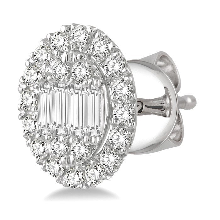 1/2 Ctw Oval Mount Baguette and Round Cut Diamond Earrings in 14K White Gold