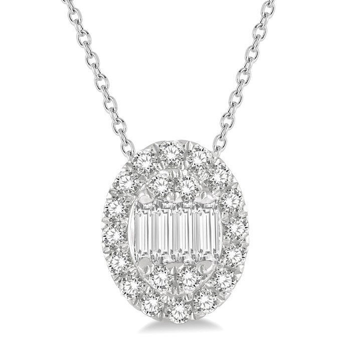 1/4 Ctw Oval Mount Baguette and Round Cut Diamond Pendant With Chain in 14K White Gold