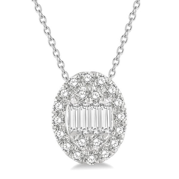 1/4 Ctw Oval Mount Baguette and Round Cut Diamond Pendant With Chain in 14K White Gold