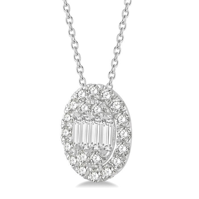 1/4 Ctw Oval Mount Baguette and Round Cut Diamond Pendant With Chain in 14K White Gold
