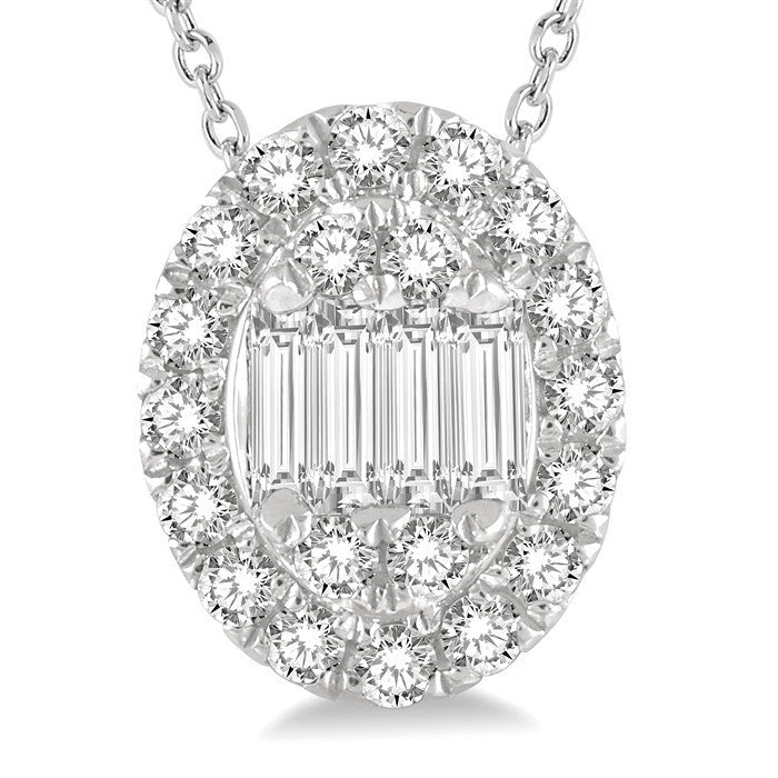 1/4 Ctw Oval Mount Baguette and Round Cut Diamond Pendant With Chain in 14K White Gold