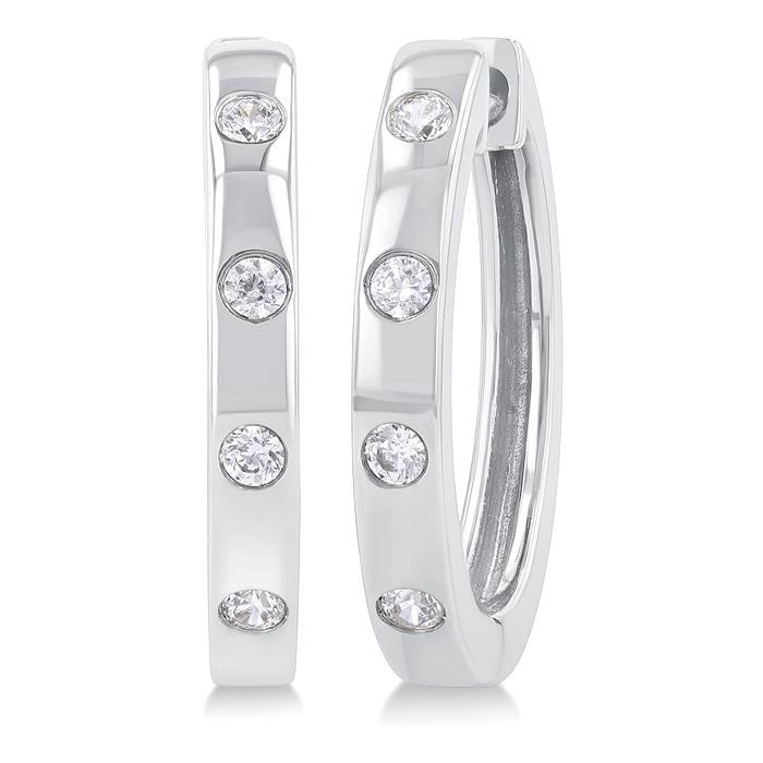 1/6 Ctw Flush Bezel Set Diamond Fashion Hoop Earrings in 10K White Gold