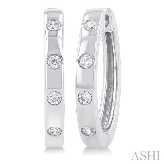 1/6 Ctw Flush Bezel Set Diamond Fashion Hoop Earrings in 10K White Gold