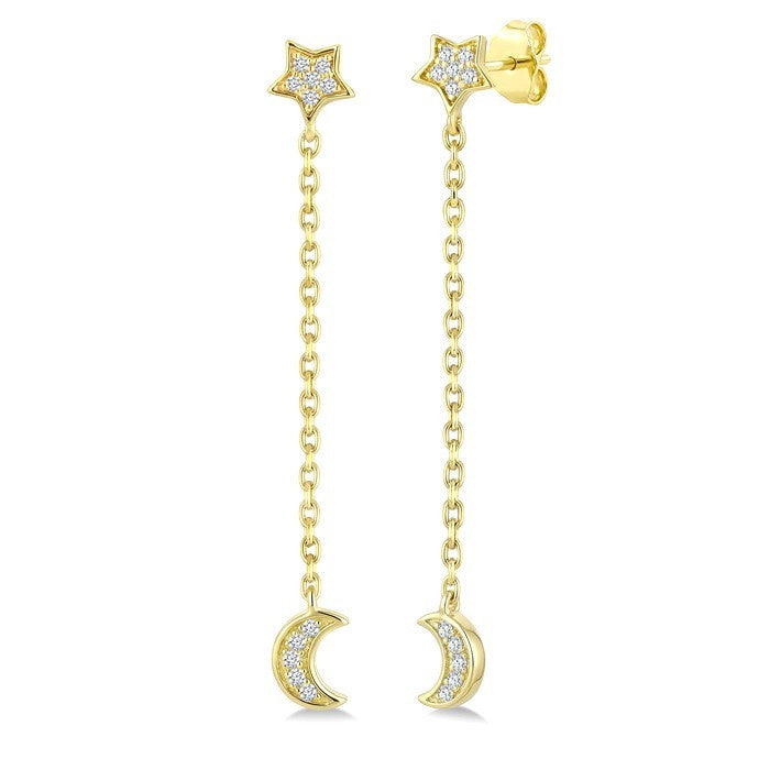 1/20 Ctw Star & Moon Round Cut Diamond Fashion Chain Earrings in 10K Yellow Gold