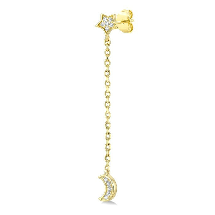 1/20 Ctw Star & Moon Round Cut Diamond Fashion Chain Earrings in 10K Yellow Gold
