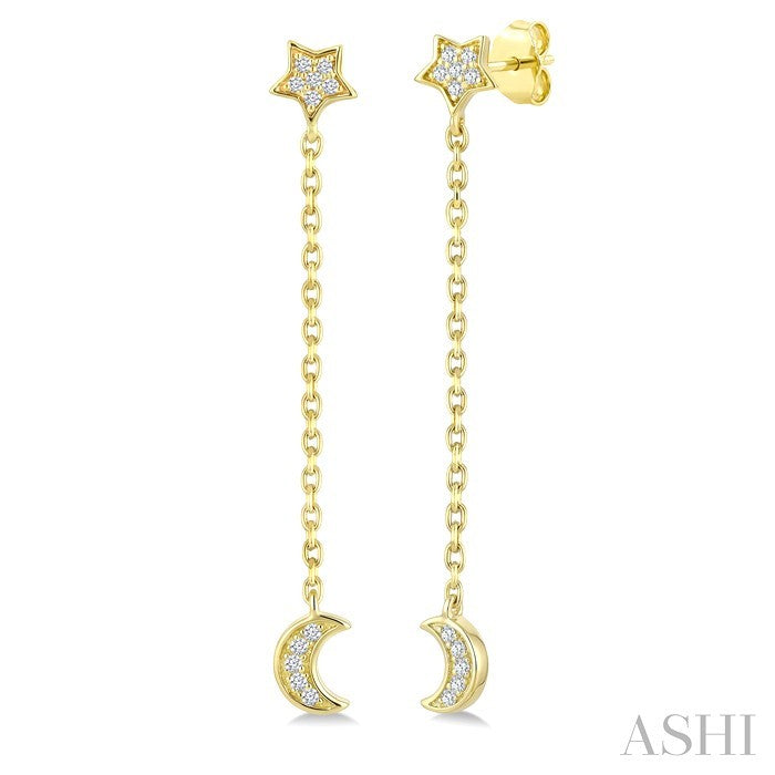 1/20 Ctw Star & Moon Round Cut Diamond Fashion Chain Earrings in 10K Yellow Gold