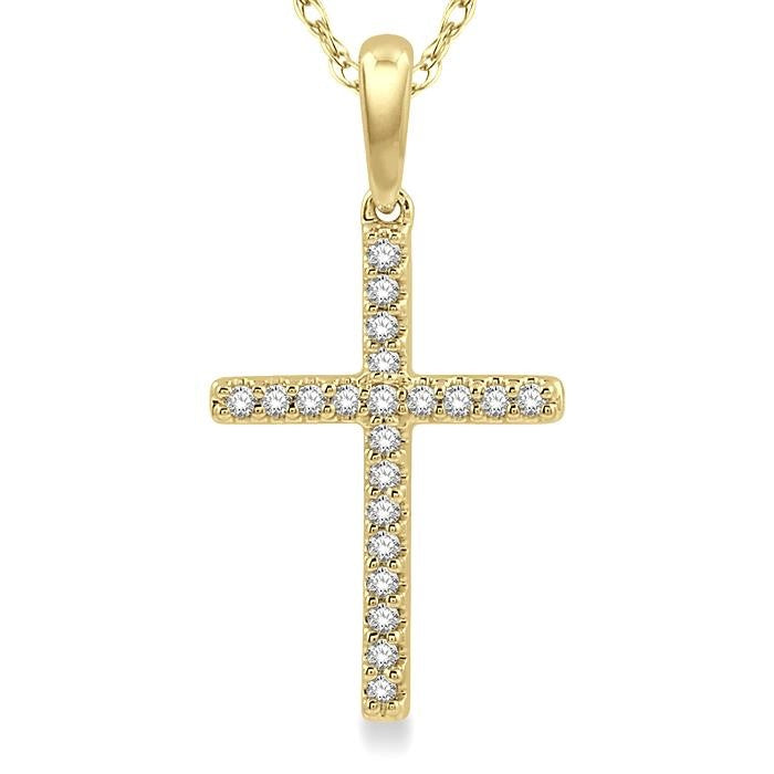 1/10 Ctw Cross Charm Petite Round Cut Diamond Fashion Pendant in 10K Yellow Gold with chain