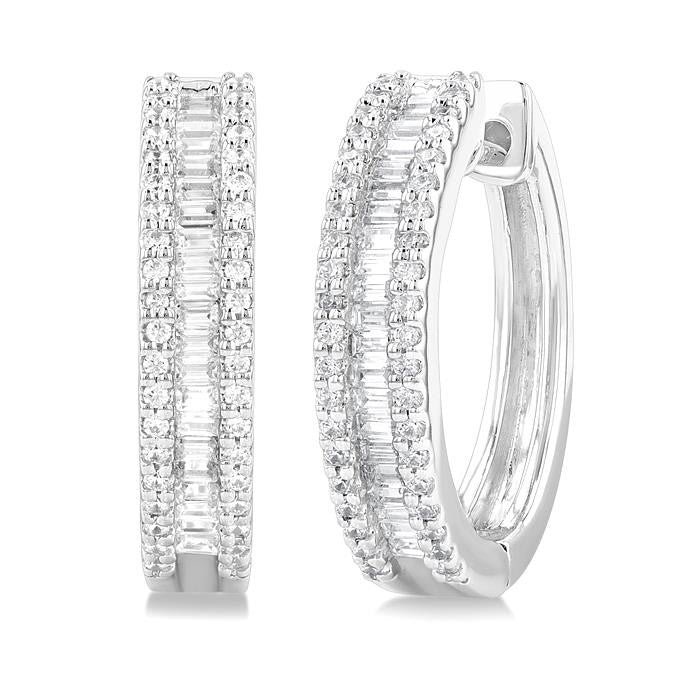 1/2 Ctw Baguette and Round Cut Diamond Fashion Hoop Earrings in 14K White Gold