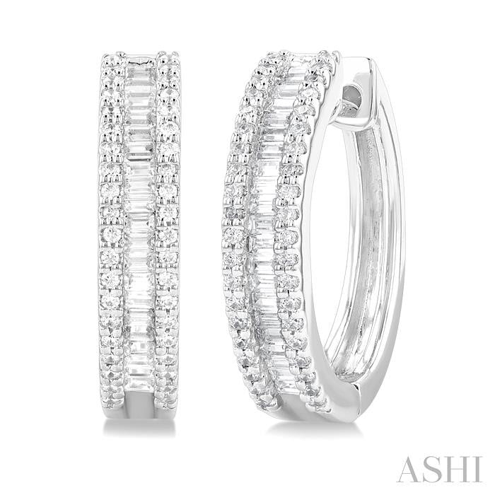 1/2 Ctw Baguette and Round Cut Diamond Fashion Hoop Earrings in 14K White Gold