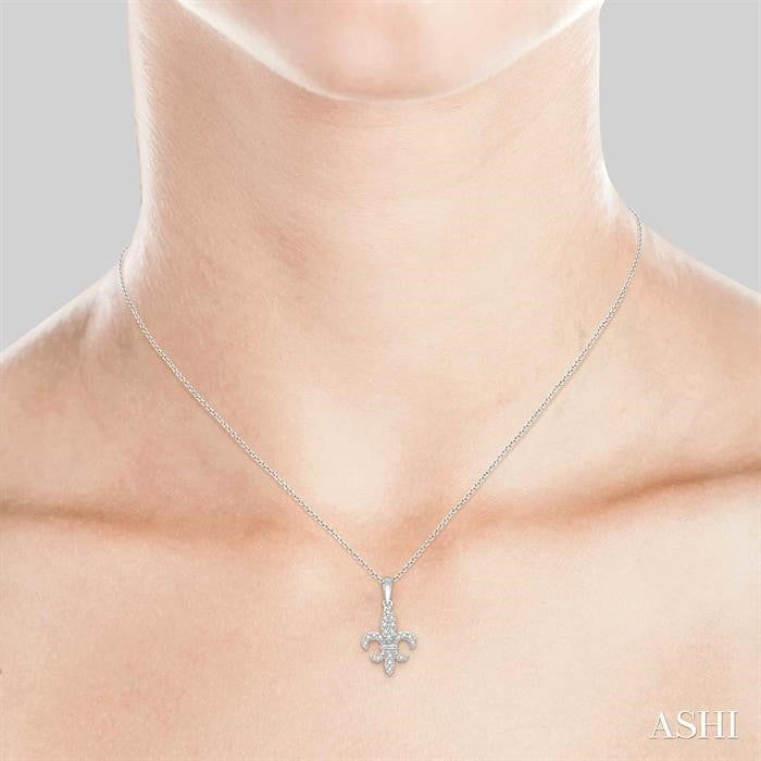 1/10 Ctw Fleur De Lis Round Cut Diamond Pendant in 10K White Gold with chain