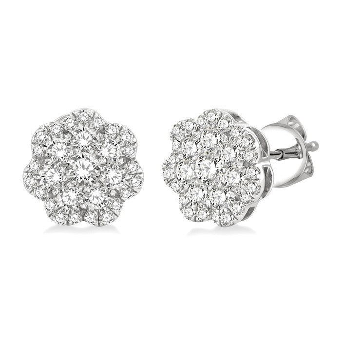 3/4 Ctw Flower Pattern Round Cut Diamond Fashion Stud Earrings in 14K White Gold