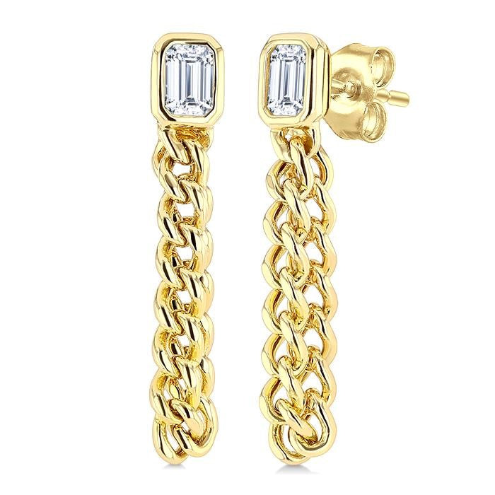 1/3 Ctw Curb Link Dangler Bezel Set Emerald Cut Diamond Fashion Earrings in 14K Yellow Gold