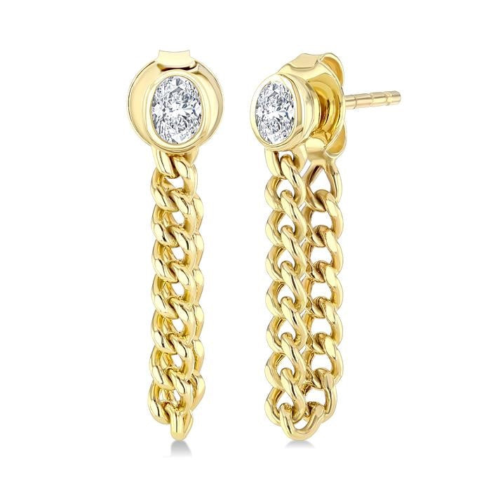 1/3 Ctw Bezel Set Oval Cut Diamond Curb Link Chain Dangler Fashion Earrings in 14K Yellow Gold