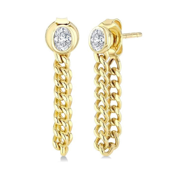 1/3 Ctw Bezel Set Oval Cut Diamond Curb Link Chain Dangler Fashion Earrings in 14K Yellow Gold