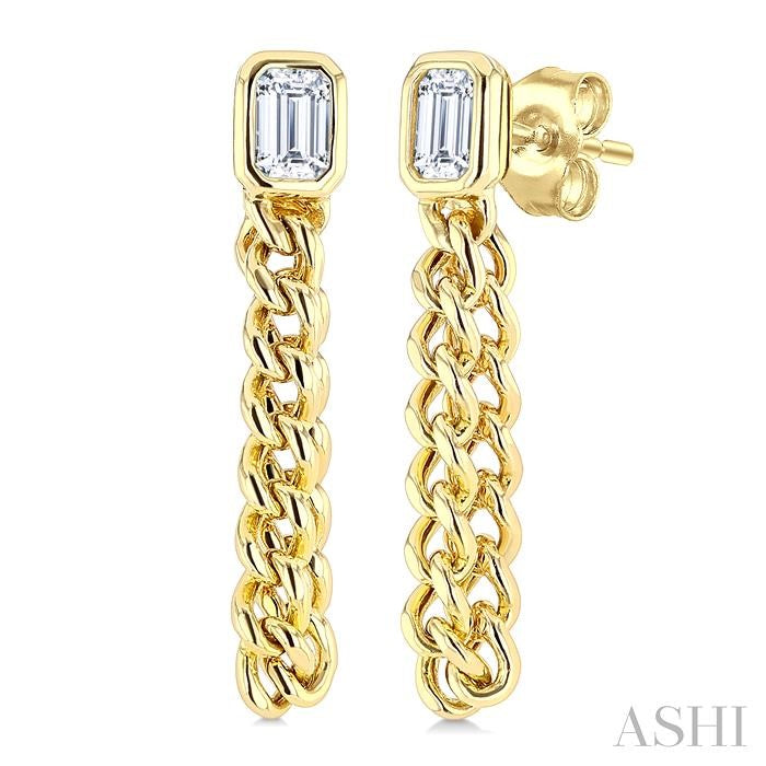 1/3 Ctw Curb Link Dangler Bezel Set Emerald Cut Diamond Fashion Earrings in 14K Yellow Gold