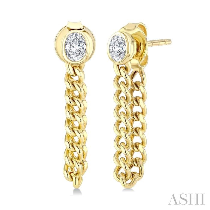 1/3 Ctw Bezel Set Oval Cut Diamond Curb Link Chain Dangler Fashion Earrings in 14K Yellow Gold
