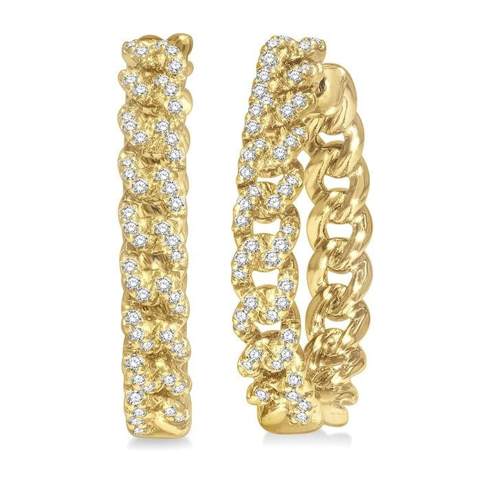 1/3 Ctw Round Cut Diamond Curb & Cuban Hoop Earrings in 14K Yellow Gold