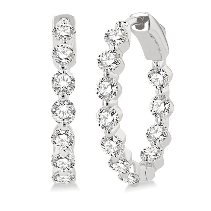 2 Ctw Inside-Out Single Prong Set Round Cut Diamond Hoop Earrings in 14K White Gold