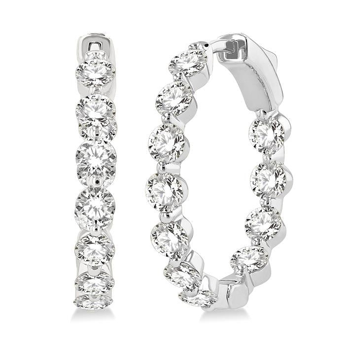 3 Ctw Inside-Out Single Prong Set Round Cut Diamond Hoop Earrings in 14K White Gold