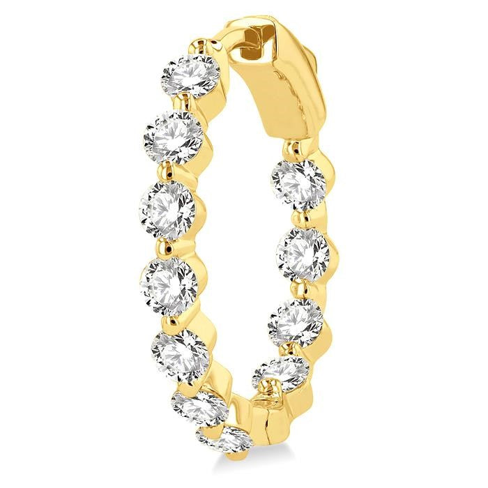 2 Ctw Inside-Out Single Prong Set Round Cut Diamond Hoop Earrings in 14K Yellow Gold