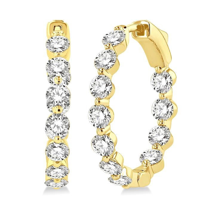3 Ctw Inside-Out Single Prong Set Round Cut Diamond Hoop Earrings in 14K Yellow Gold