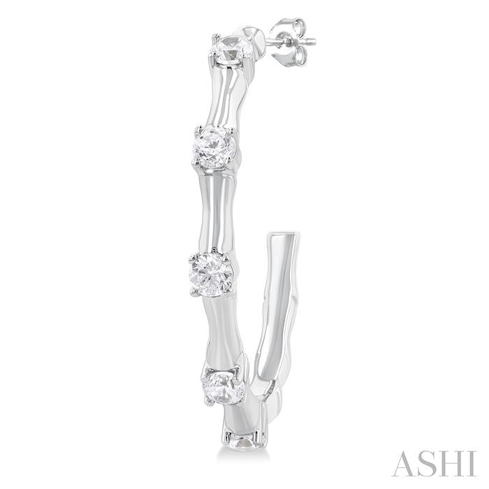 1/3 Ctw Bamboo Shoot Inspired Round Cut Diamond Fashion Half Hoop Earrings in 14K White Gold